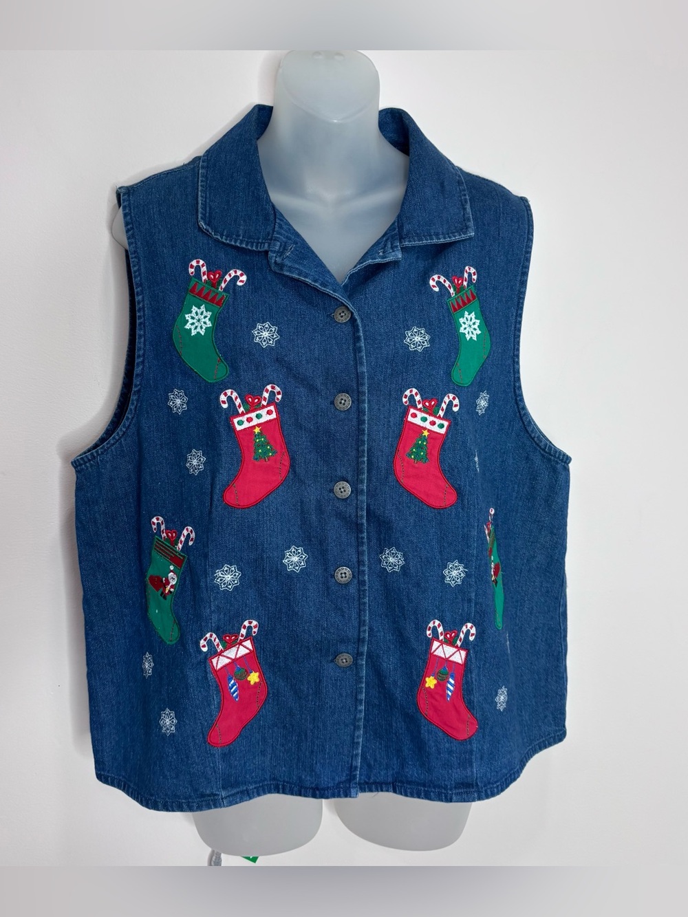 Westbound vintage Denim Holiday Vest Blue Red Green Stockings 90s large